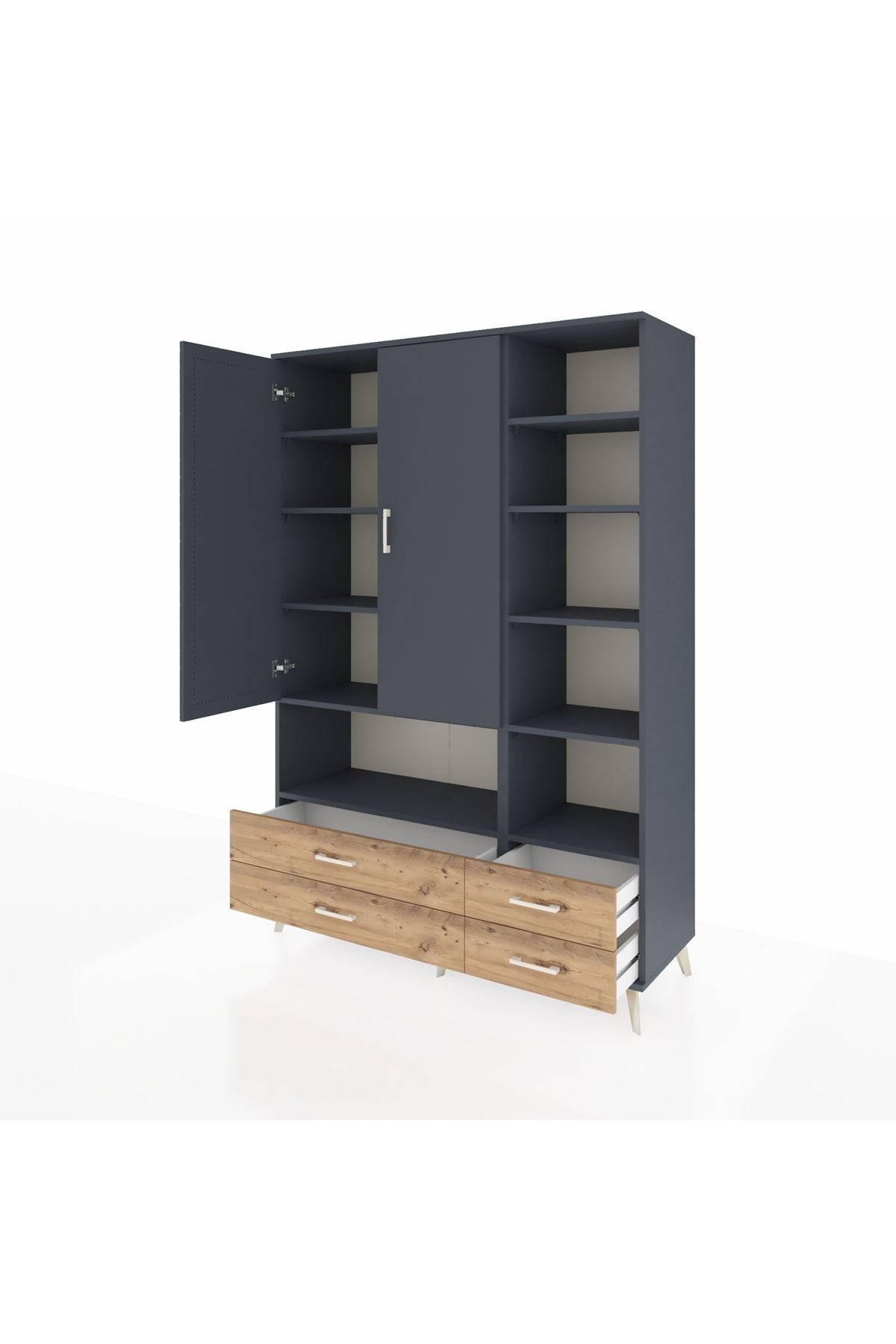 Hyperion Dolap 10 Raflı 4 Çekmeceli 2 Kapaklı 132x44x195 Antrasit-Antrasit/Çam