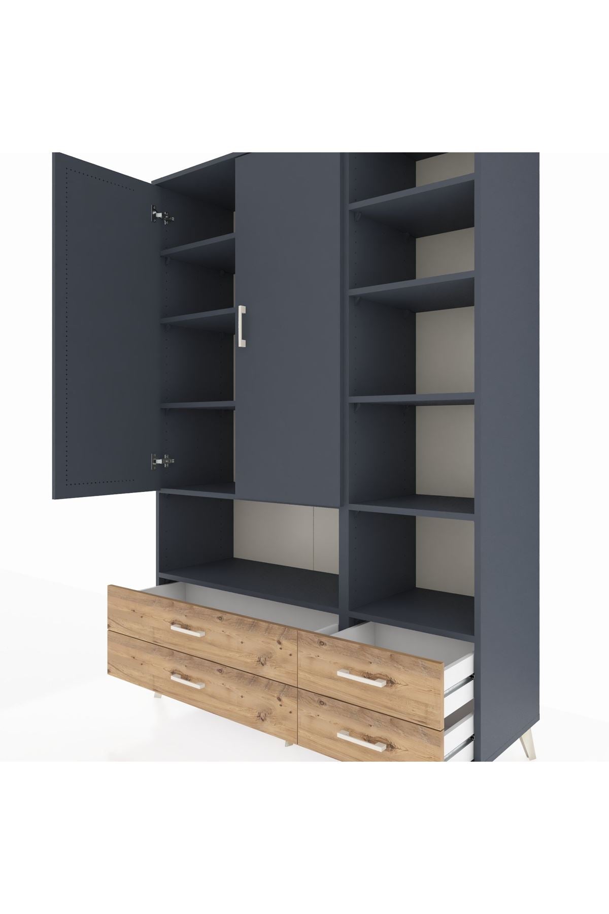 Hyperion Dolap 10 Raflı 4 Çekmeceli 2 Kapaklı 132x44x195 Antrasit-Antrasit/Çam