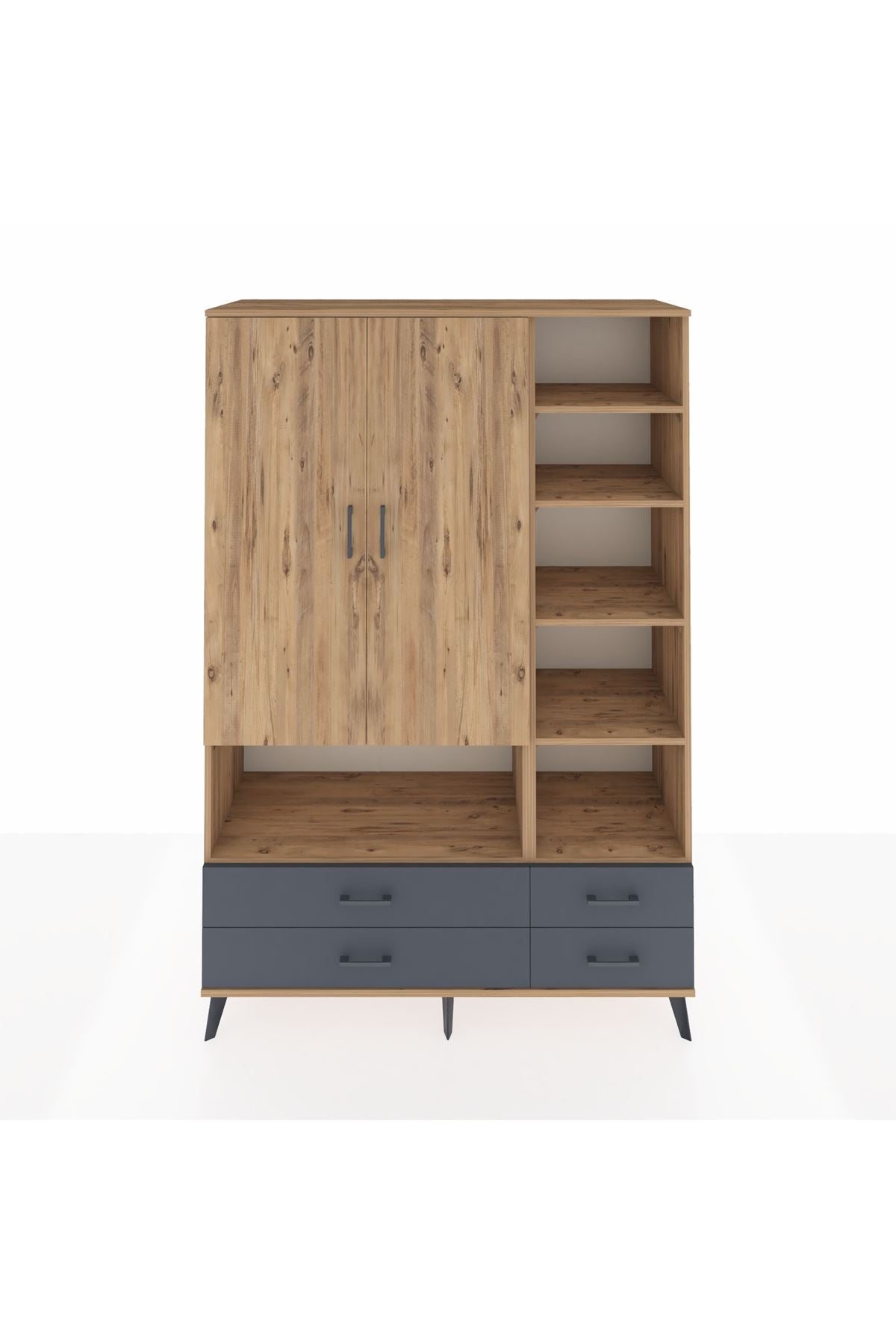 Hyperion Dolap 10 Raflı 4 Çekmeceli 2 Kapaklı 132x44x195 Çam-Çam/Antrasit