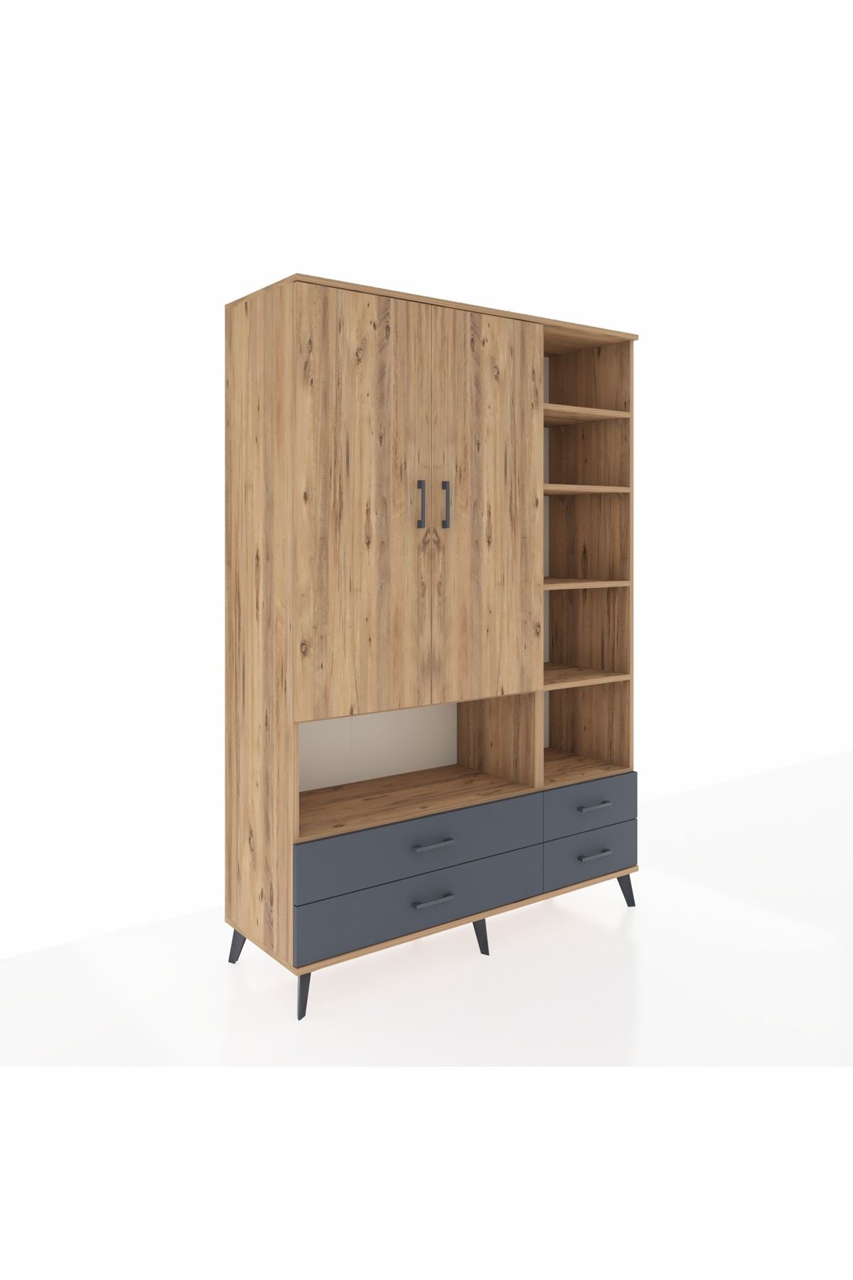 Hyperion Dolap 10 Raflı 4 Çekmeceli 2 Kapaklı 132x44x195 Çam-Çam/Antrasit