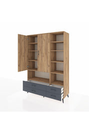 Hyperion Dolap 10 Raflı 4 Çekmeceli 2 Kapaklı 132x44x195 Çam-Çam/Antrasit