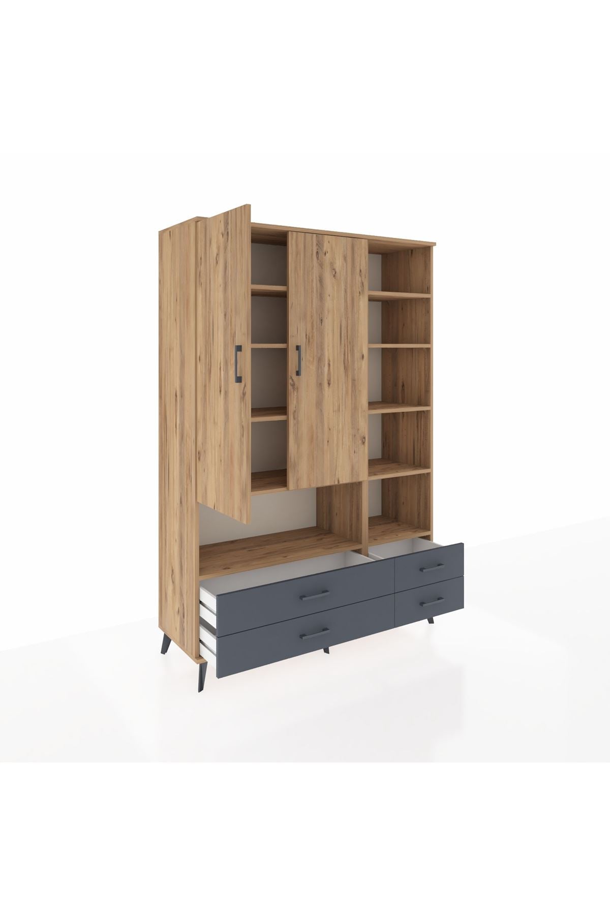 Hyperion Dolap 10 Raflı 4 Çekmeceli 2 Kapaklı 132x44x195 Çam-Çam/Antrasit