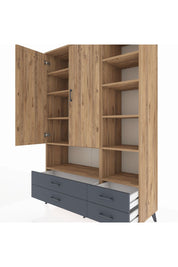 Hyperion Dolap 10 Raflı 4 Çekmeceli 2 Kapaklı 132x44x195 Çam-Çam/Antrasit