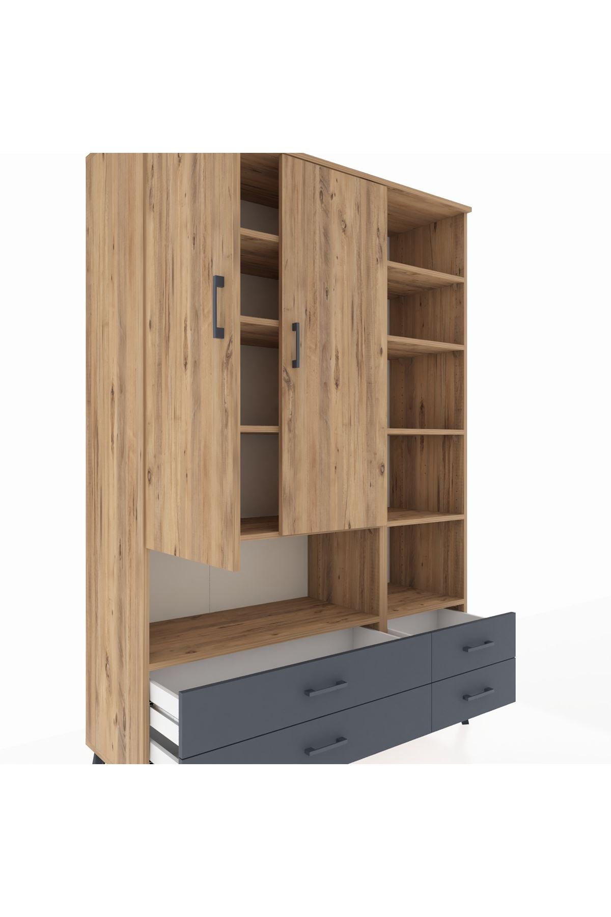 Hyperion Dolap 10 Raflı 4 Çekmeceli 2 Kapaklı 132x44x195 Çam-Çam/Antrasit