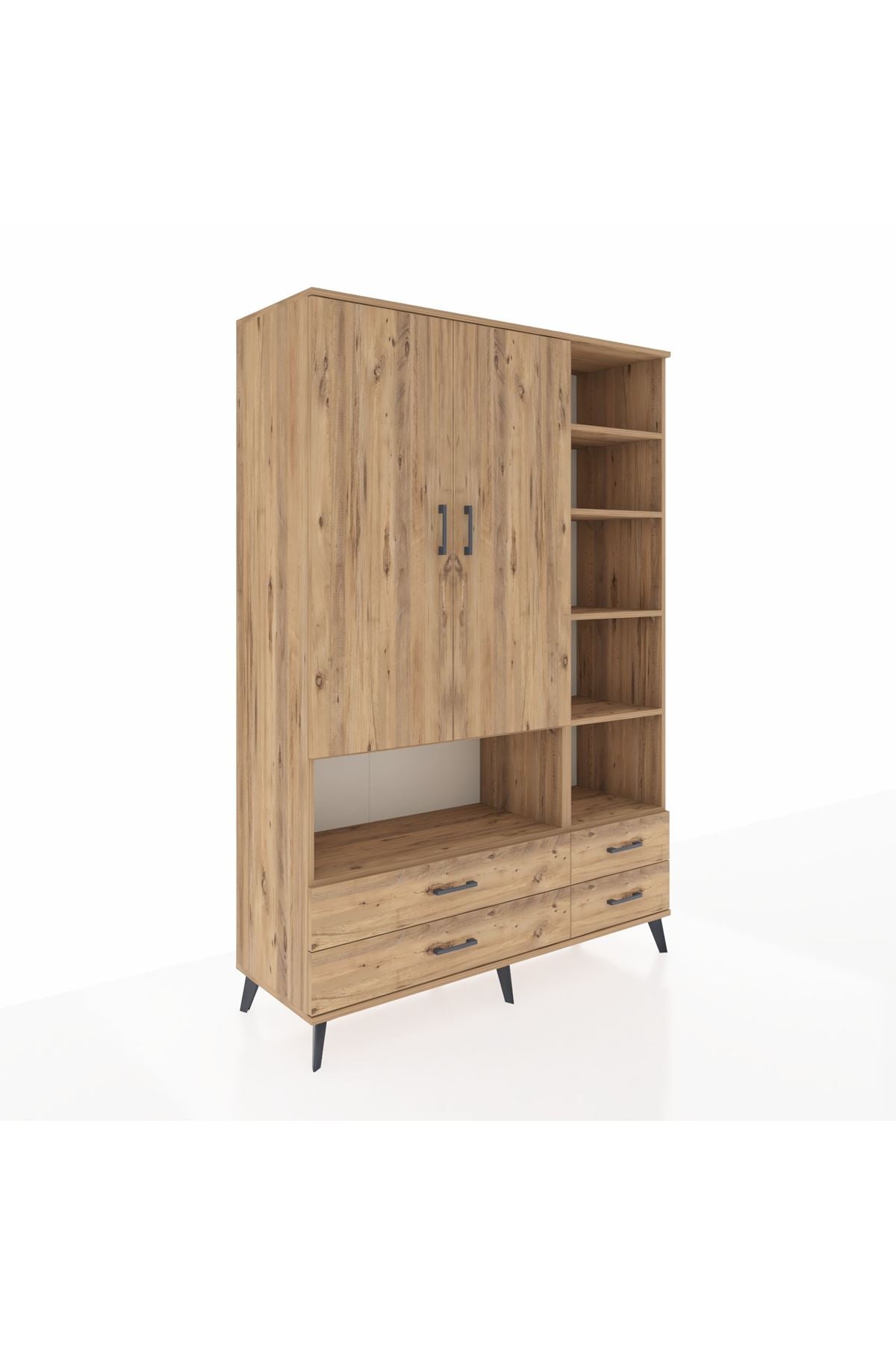 Hyperion Dolap 10 Raflı 4 Çekmeceli 2 Kapaklı 132x44x195 Çam-Çam/Çam