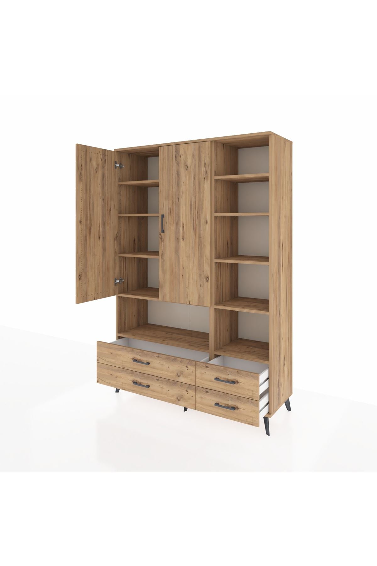 Hyperion Dolap 10 Raflı 4 Çekmeceli 2 Kapaklı 132x44x195 Çam-Çam/Çam