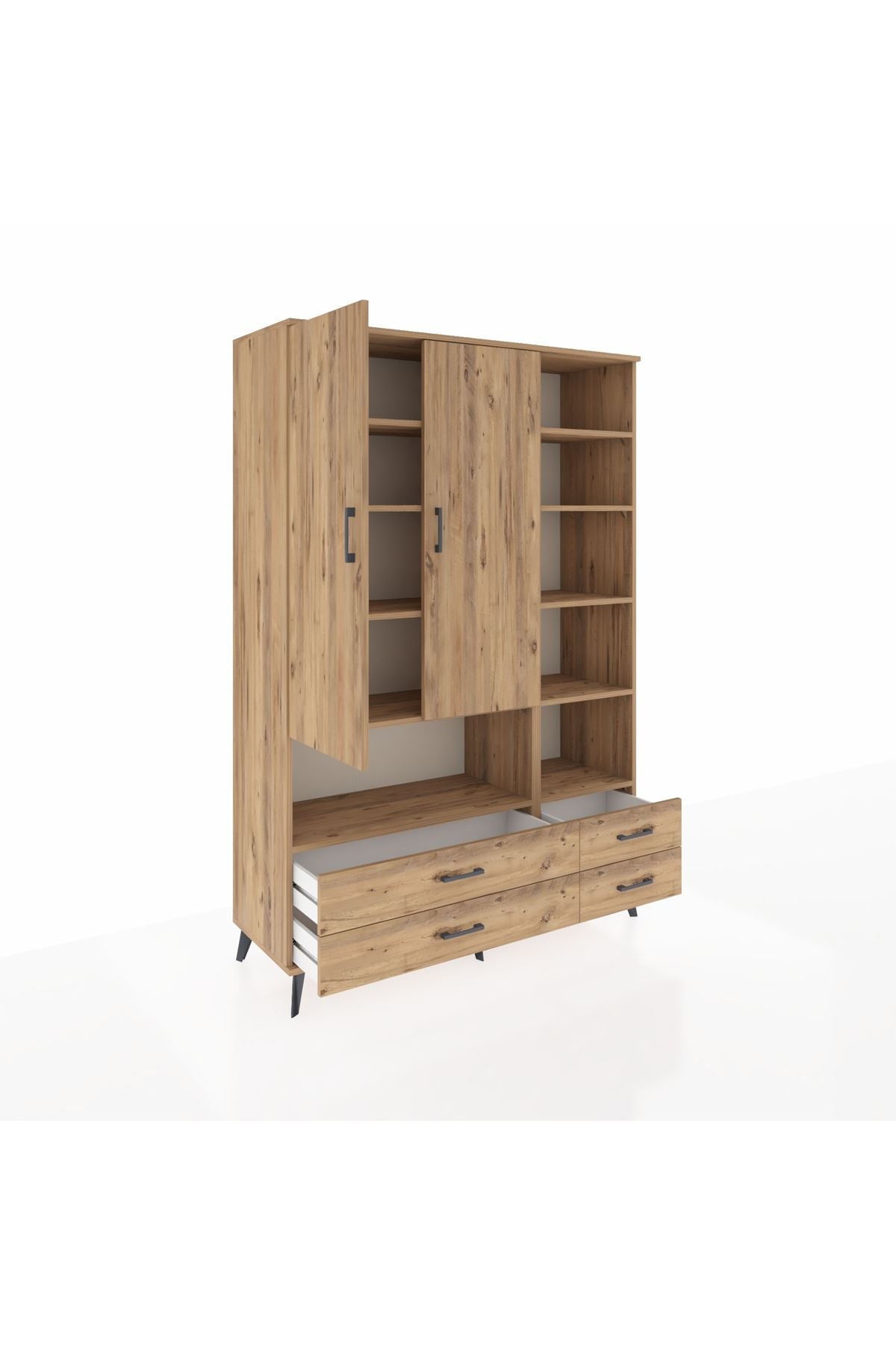 Hyperion Dolap 10 Raflı 4 Çekmeceli 2 Kapaklı 132x44x195 Çam-Çam/Çam