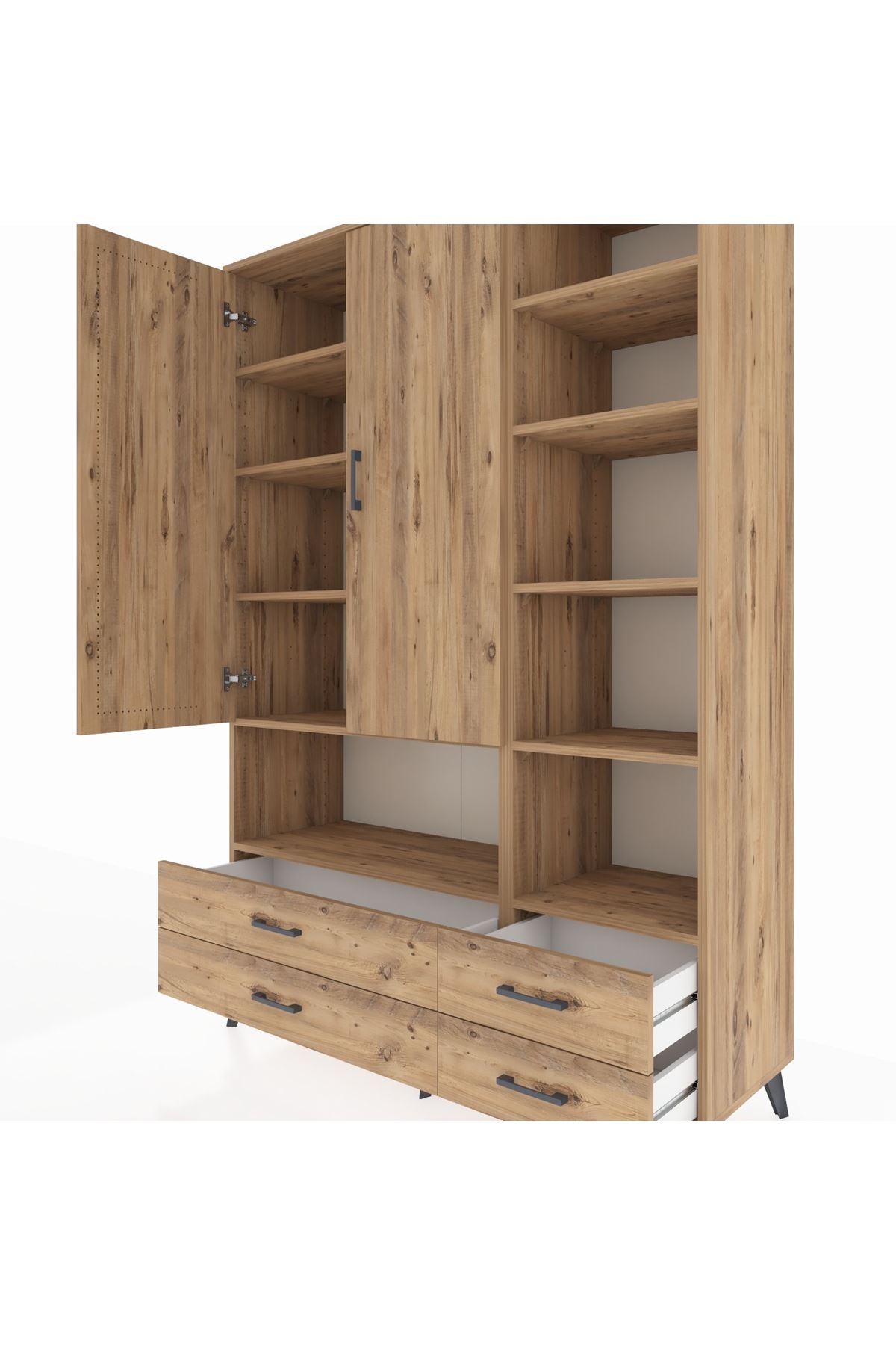 Hyperion Dolap 10 Raflı 4 Çekmeceli 2 Kapaklı 132x44x195 Çam-Çam/Çam