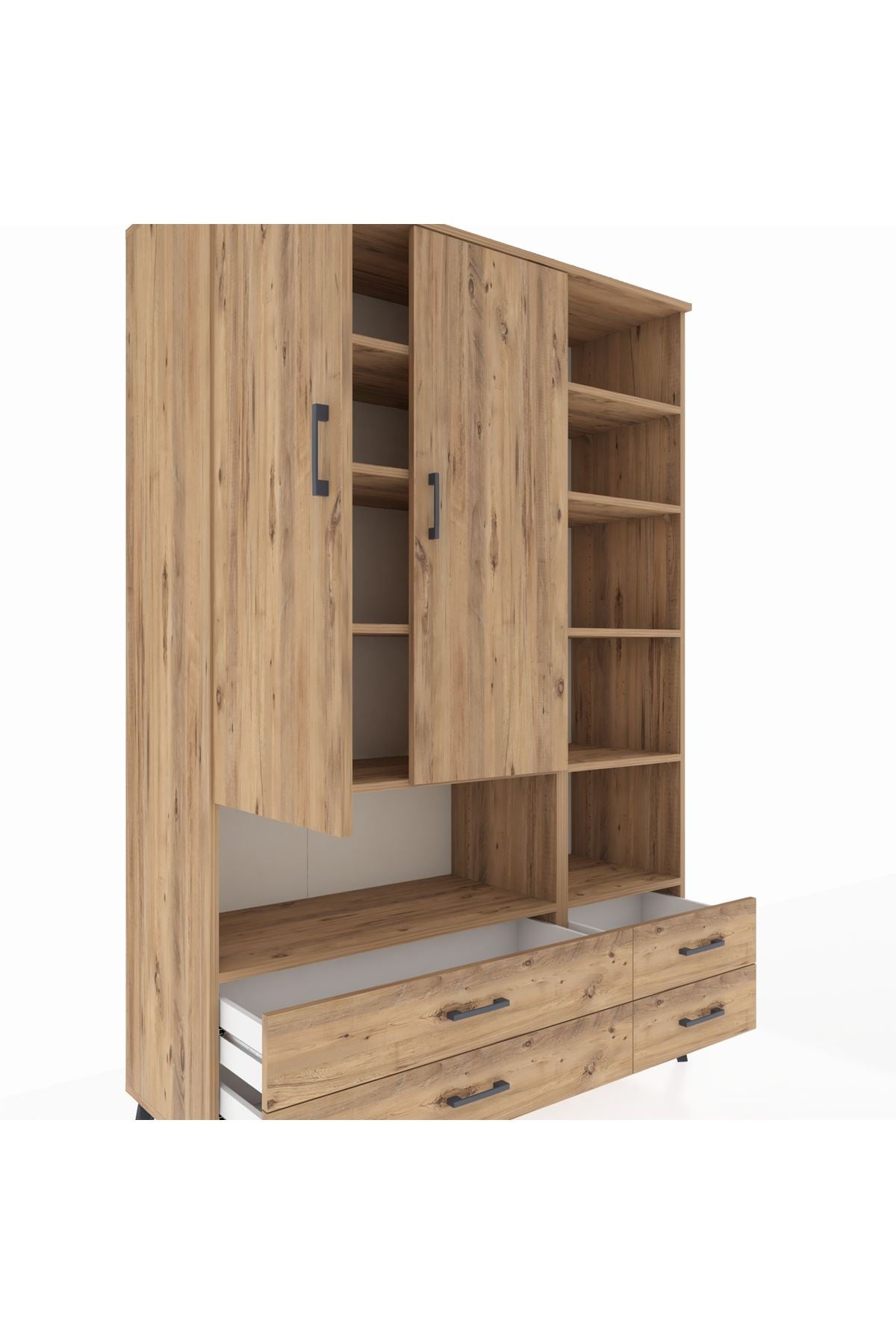 Hyperion Dolap 10 Raflı 4 Çekmeceli 2 Kapaklı 132x44x195 Çam-Çam/Çam