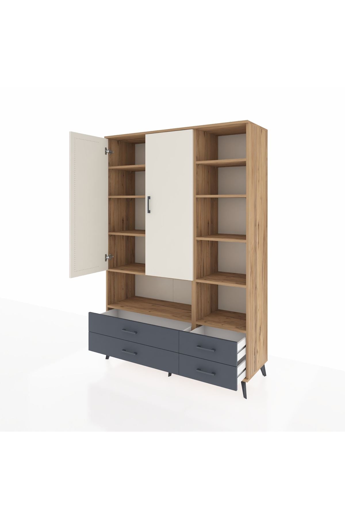 Hyperion Dolap 10 Raflı 4 Çekmeceli 2 Kapaklı 132x44x195 Çam-Aytaşı/Antrasit