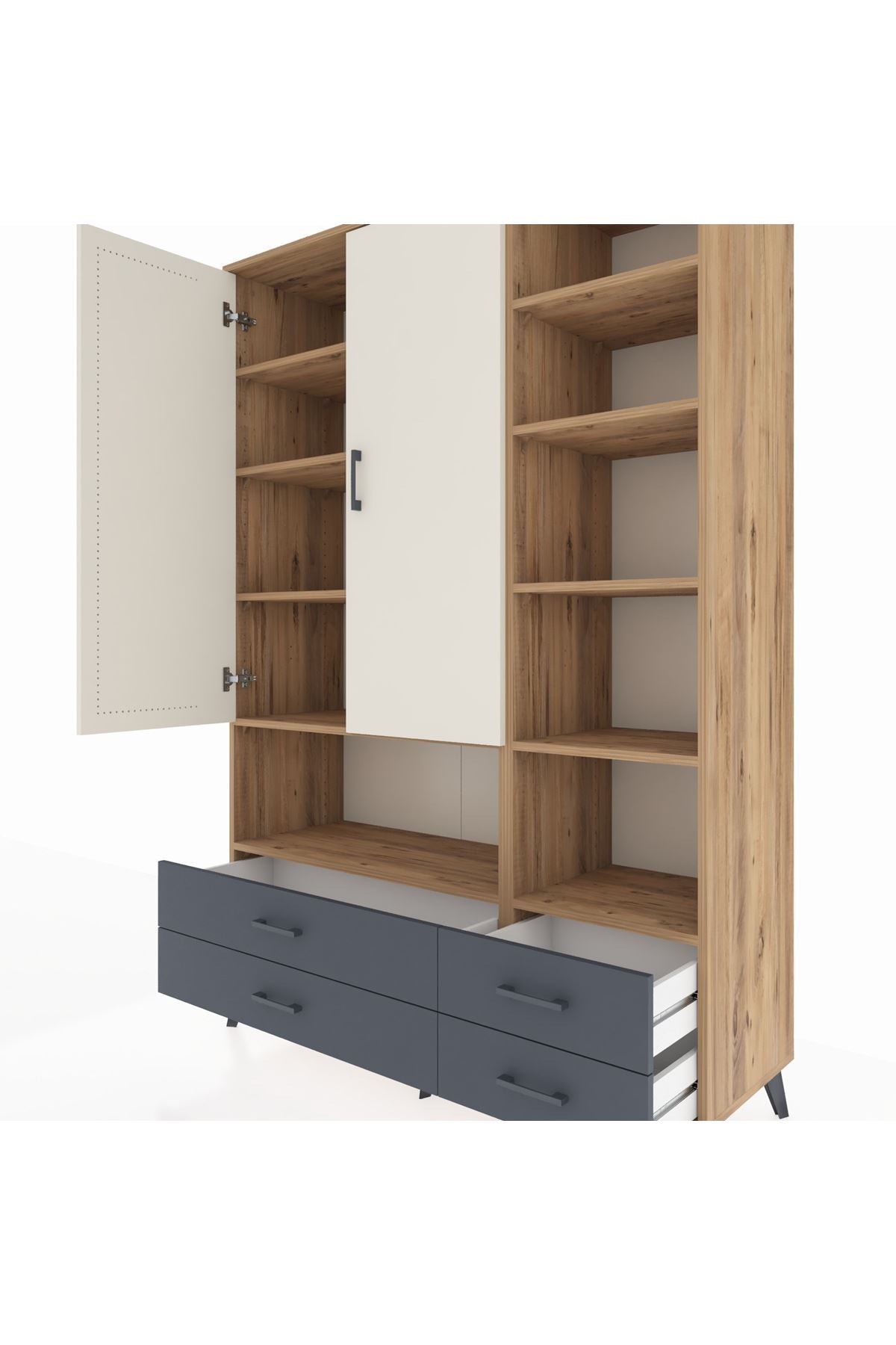 Hyperion Dolap 10 Raflı 4 Çekmeceli 2 Kapaklı 132x44x195 Çam-Aytaşı/Antrasit