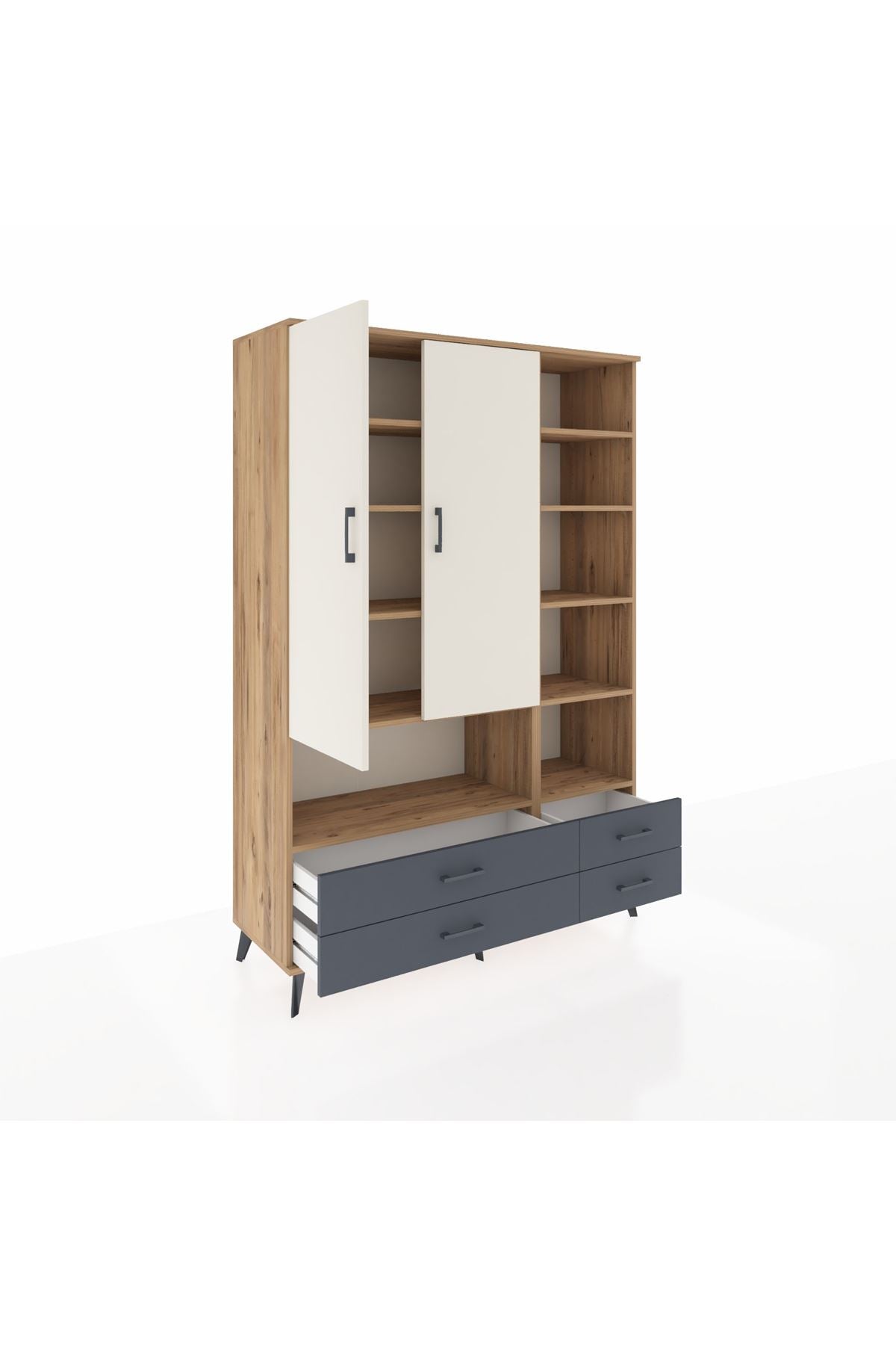 Hyperion Dolap 10 Raflı 4 Çekmeceli 2 Kapaklı 132x44x195 Çam-Aytaşı/Antrasit