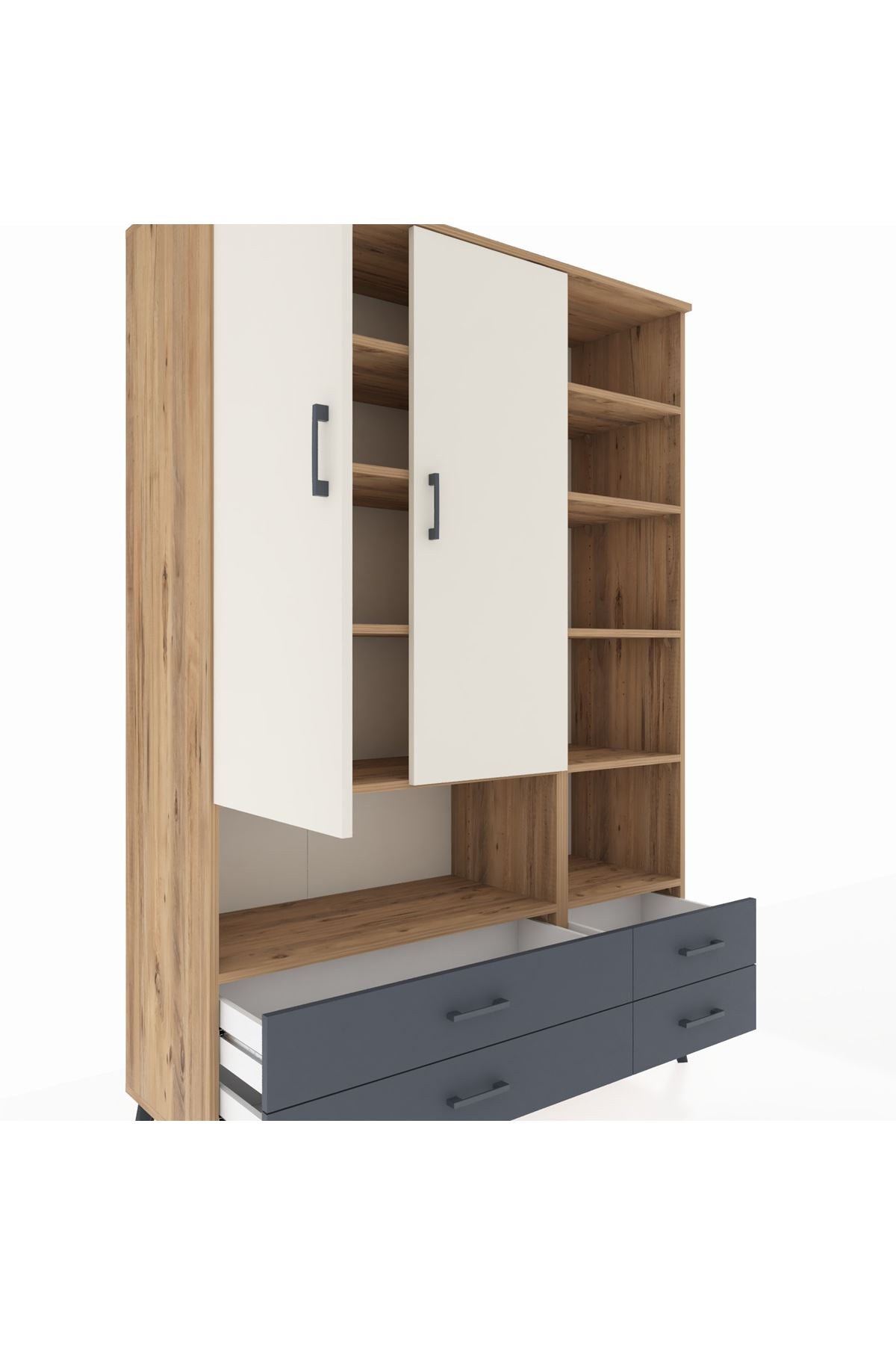 Hyperion Dolap 10 Raflı 4 Çekmeceli 2 Kapaklı 132x44x195 Çam-Aytaşı/Antrasit