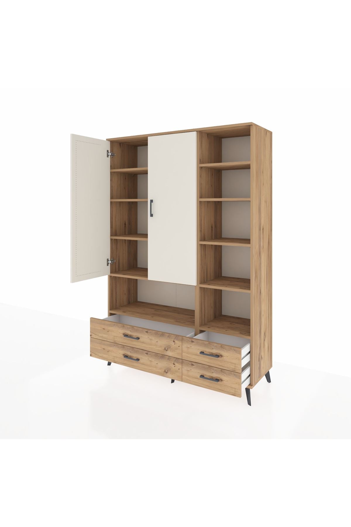 Hyperion Dolap 10 Raflı 4 Çekmeceli 2 Kapaklı 132x44x195 Çam-Aytaşı/Çam