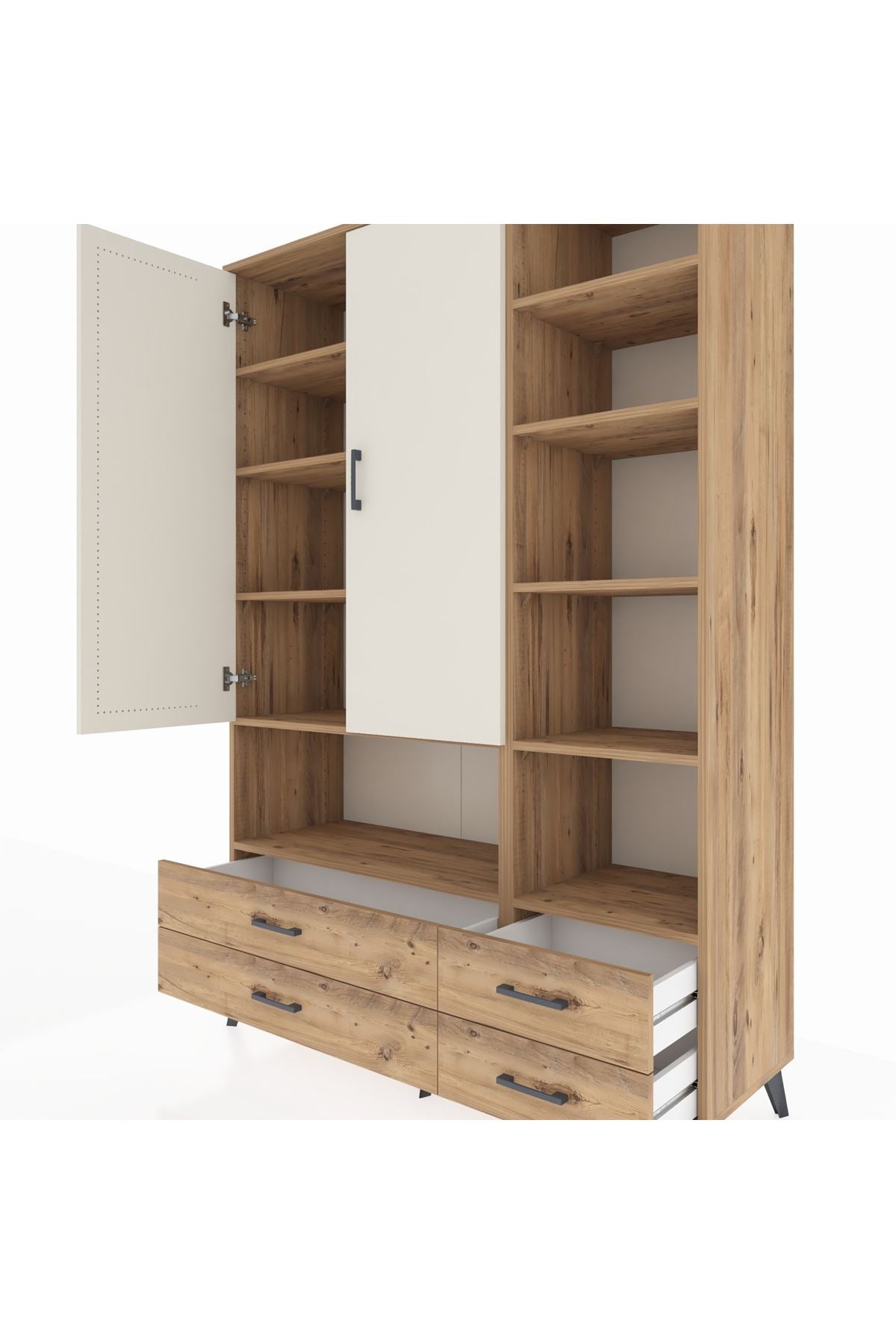 Hyperion Dolap 10 Raflı 4 Çekmeceli 2 Kapaklı 132x44x195 Çam-Aytaşı/Çam