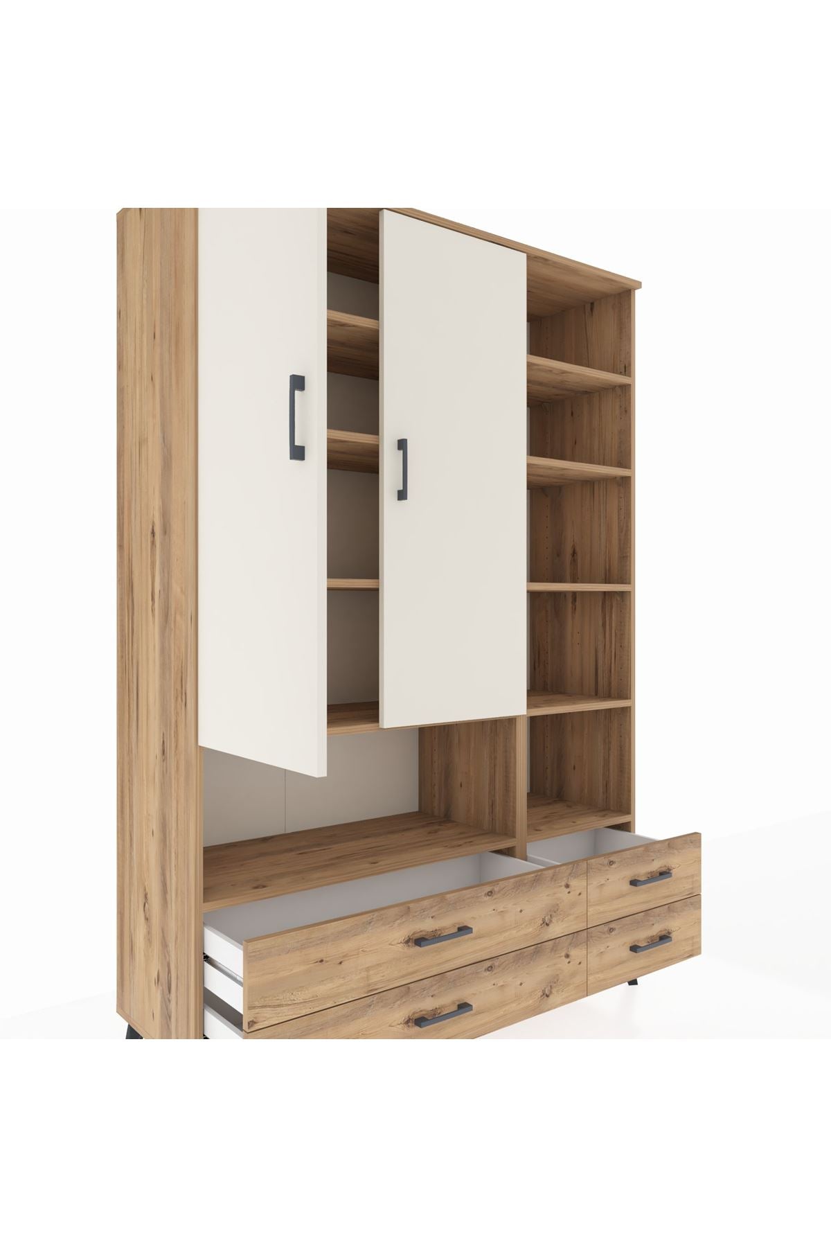 Hyperion Dolap 10 Raflı 4 Çekmeceli 2 Kapaklı 132x44x195 Çam-Aytaşı/Çam