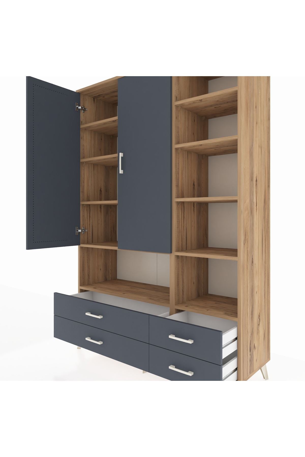 Hyperion Dolap 10 Raflı 4 Çekmeceli 2 Kapaklı 132x44x195 Çam-Antrasit/Antrasit