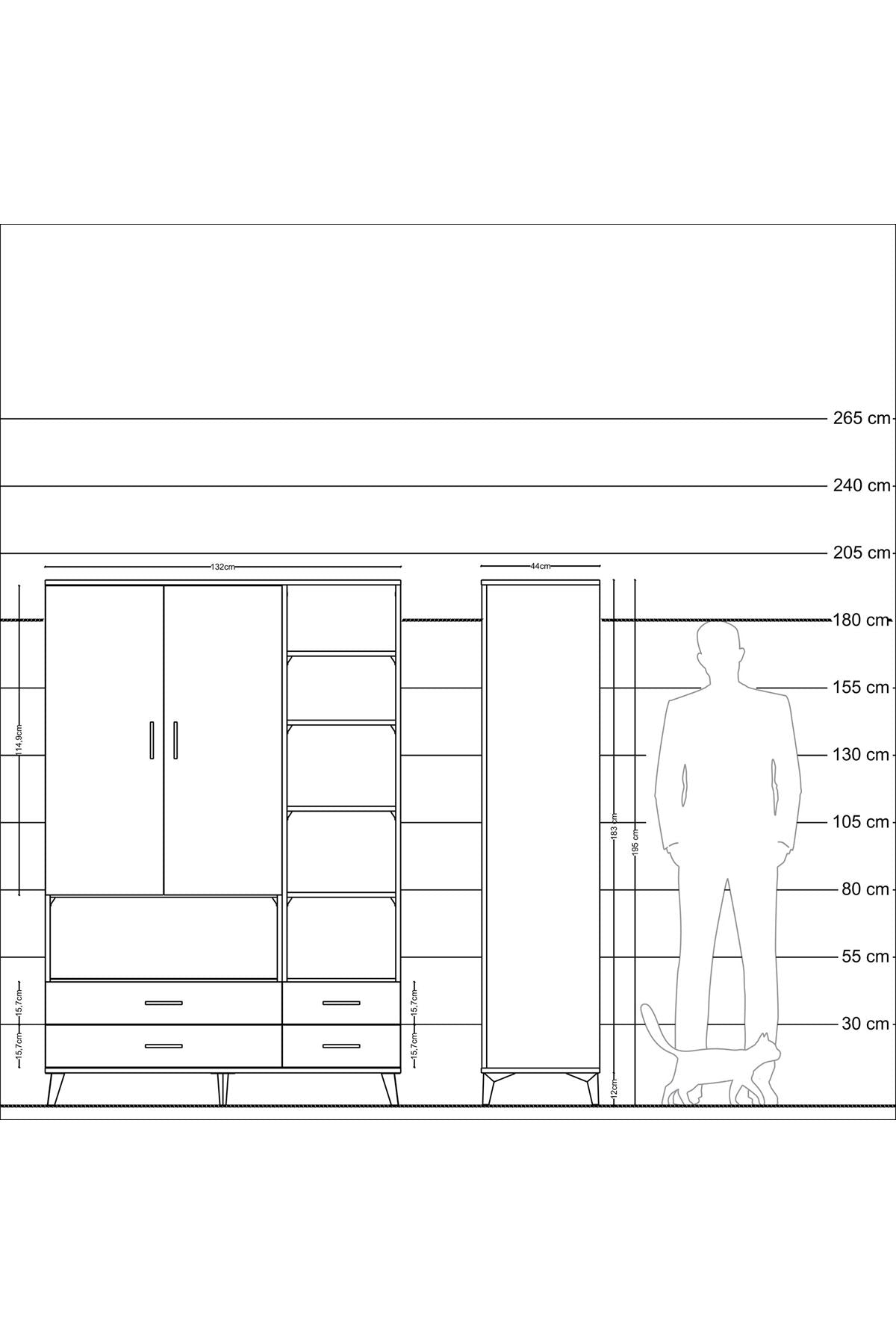 Hyperion Dolap 10 Raflı 4 Çekmeceli 2 Kapaklı 132x44x195 Çam-Antrasit/Antrasit