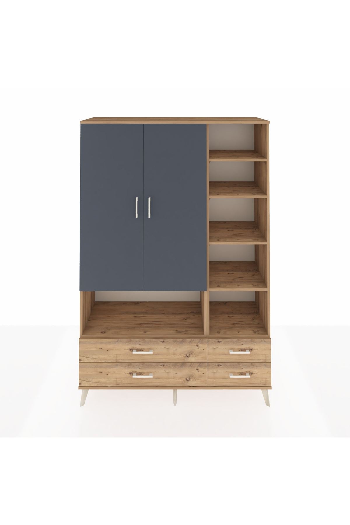 Hyperion Dolap 10 Raflı 4 Çekmeceli 2 Kapaklı 132x44x195 Çam-Antrasit/Çam