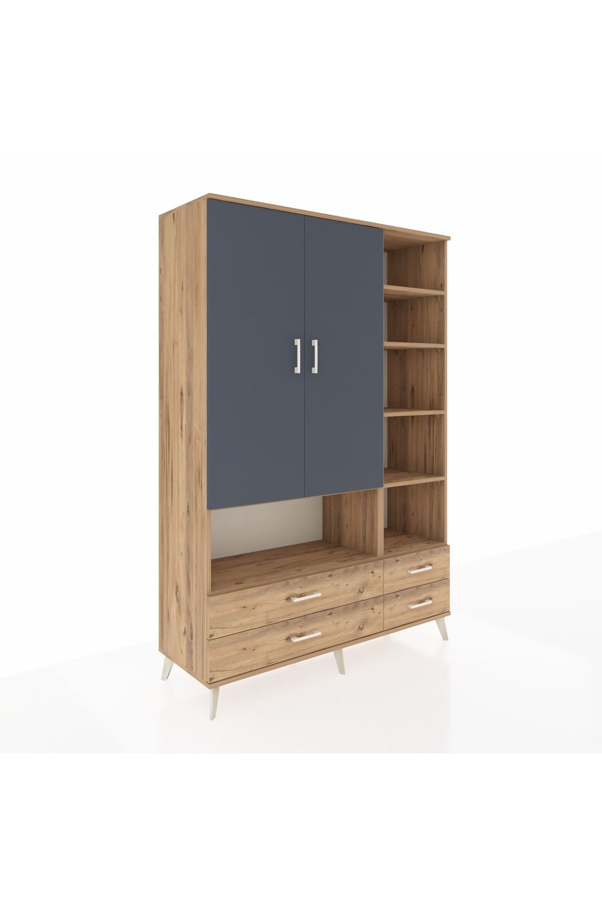 Hyperion Dolap 10 Raflı 4 Çekmeceli 2 Kapaklı 132x44x195 Çam-Antrasit/Çam