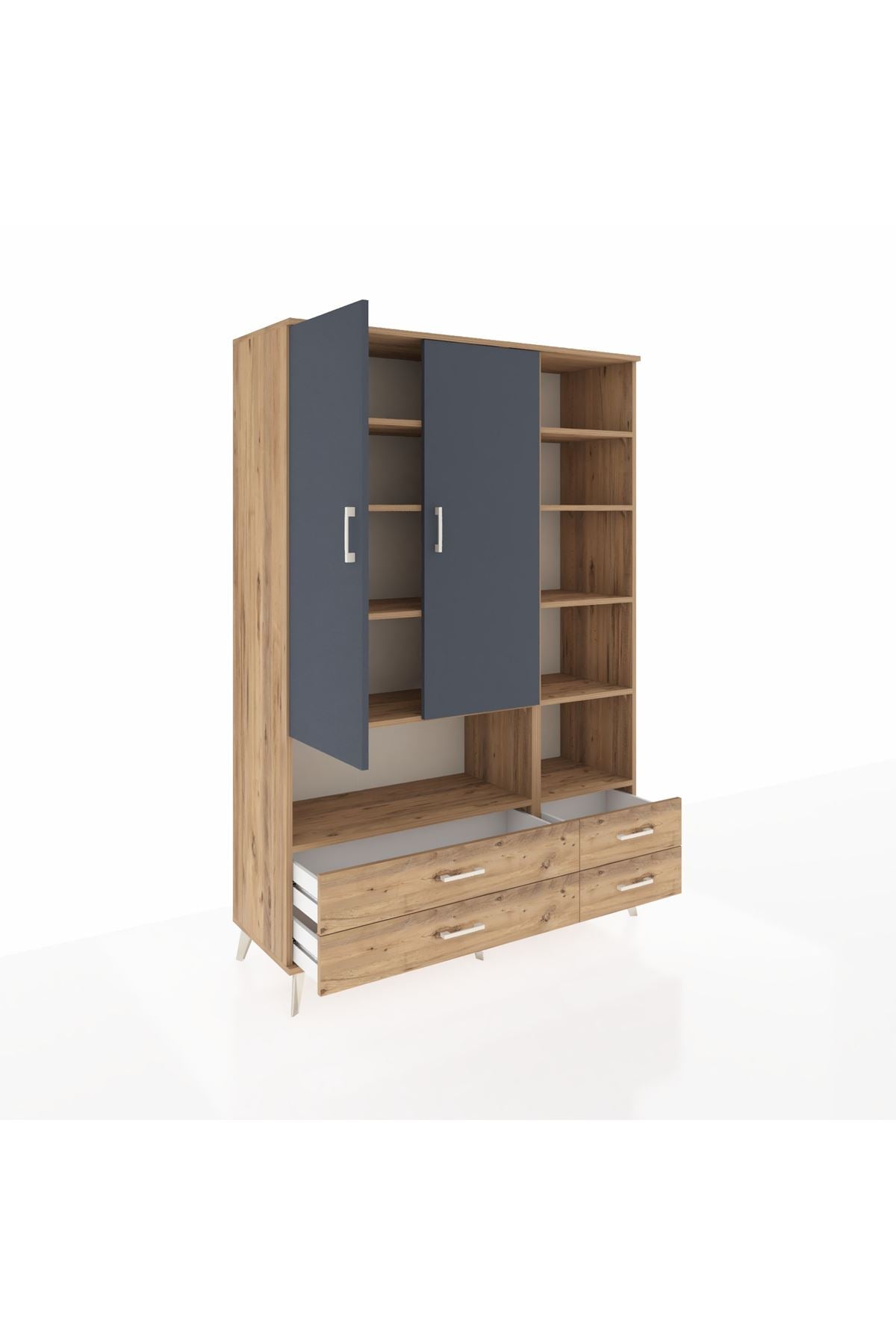 Hyperion Dolap 10 Raflı 4 Çekmeceli 2 Kapaklı 132x44x195 Çam-Antrasit/Çam