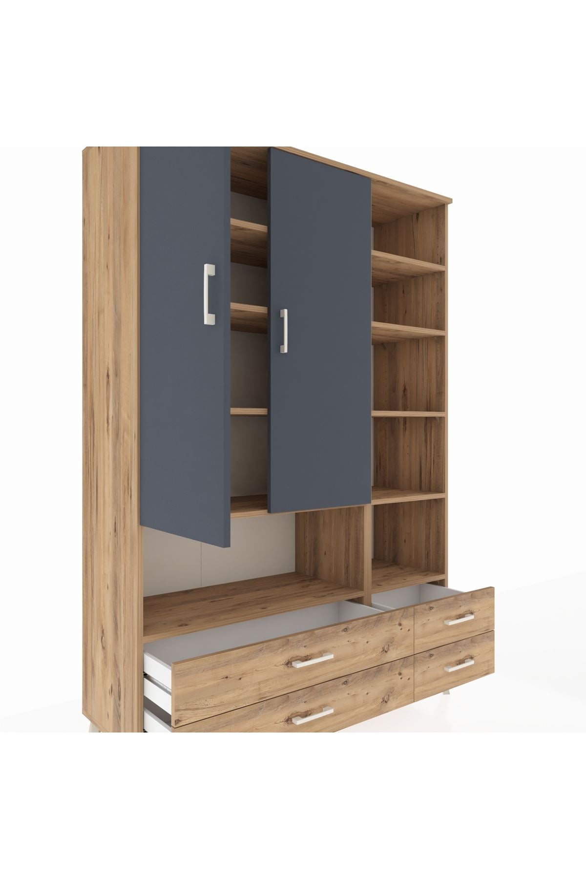 Hyperion Dolap 10 Raflı 4 Çekmeceli 2 Kapaklı 132x44x195 Çam-Antrasit/Çam