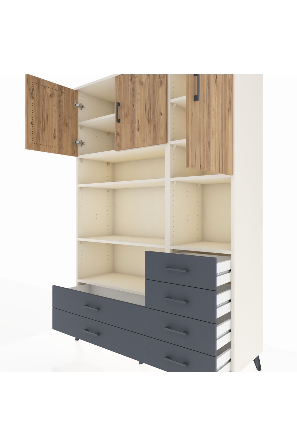 Hyperion Dolap 9 Raflı 6 Çekmeceli 3 Kapaklı 132x44x195 Aytaşı-Çam/Antrasit