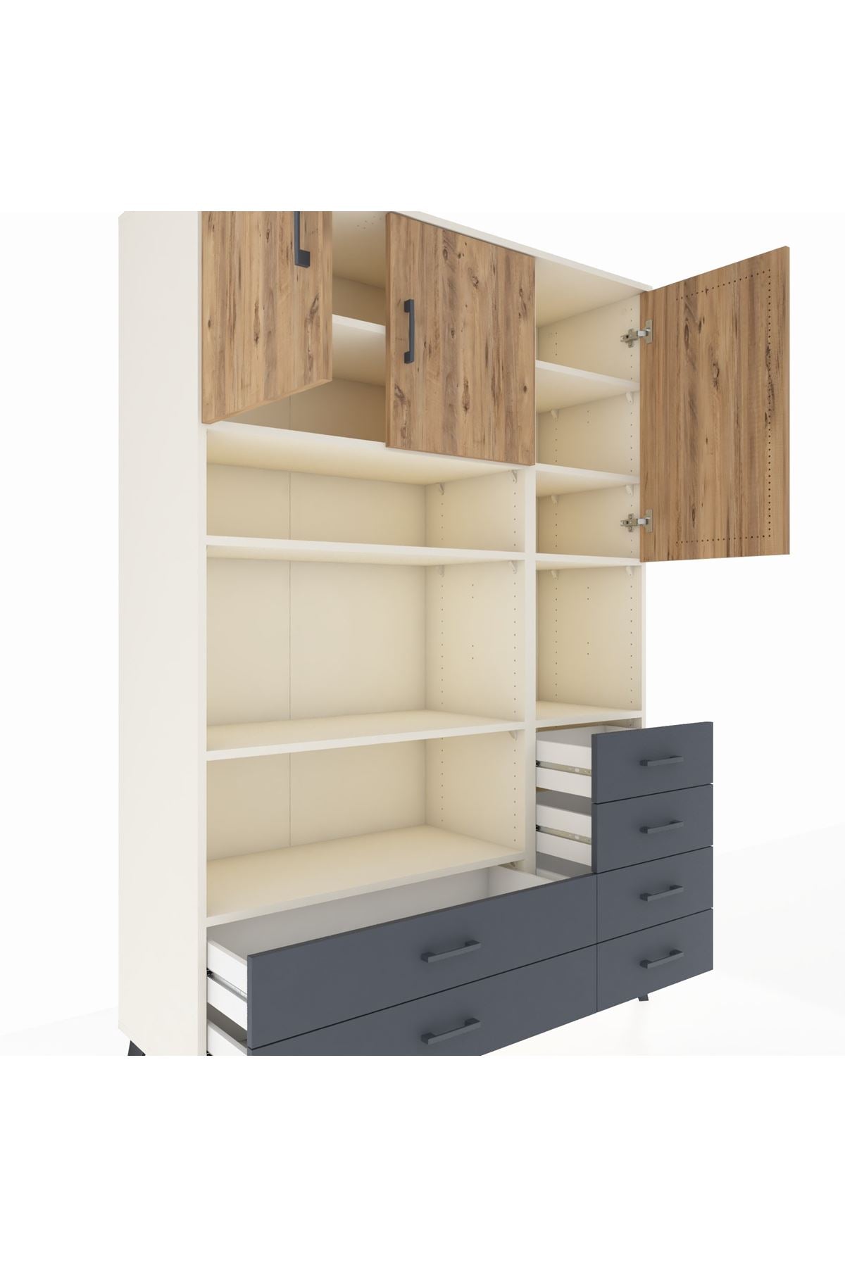 Hyperion Dolap 9 Raflı 6 Çekmeceli 3 Kapaklı 132x44x195 Aytaşı-Çam/Antrasit