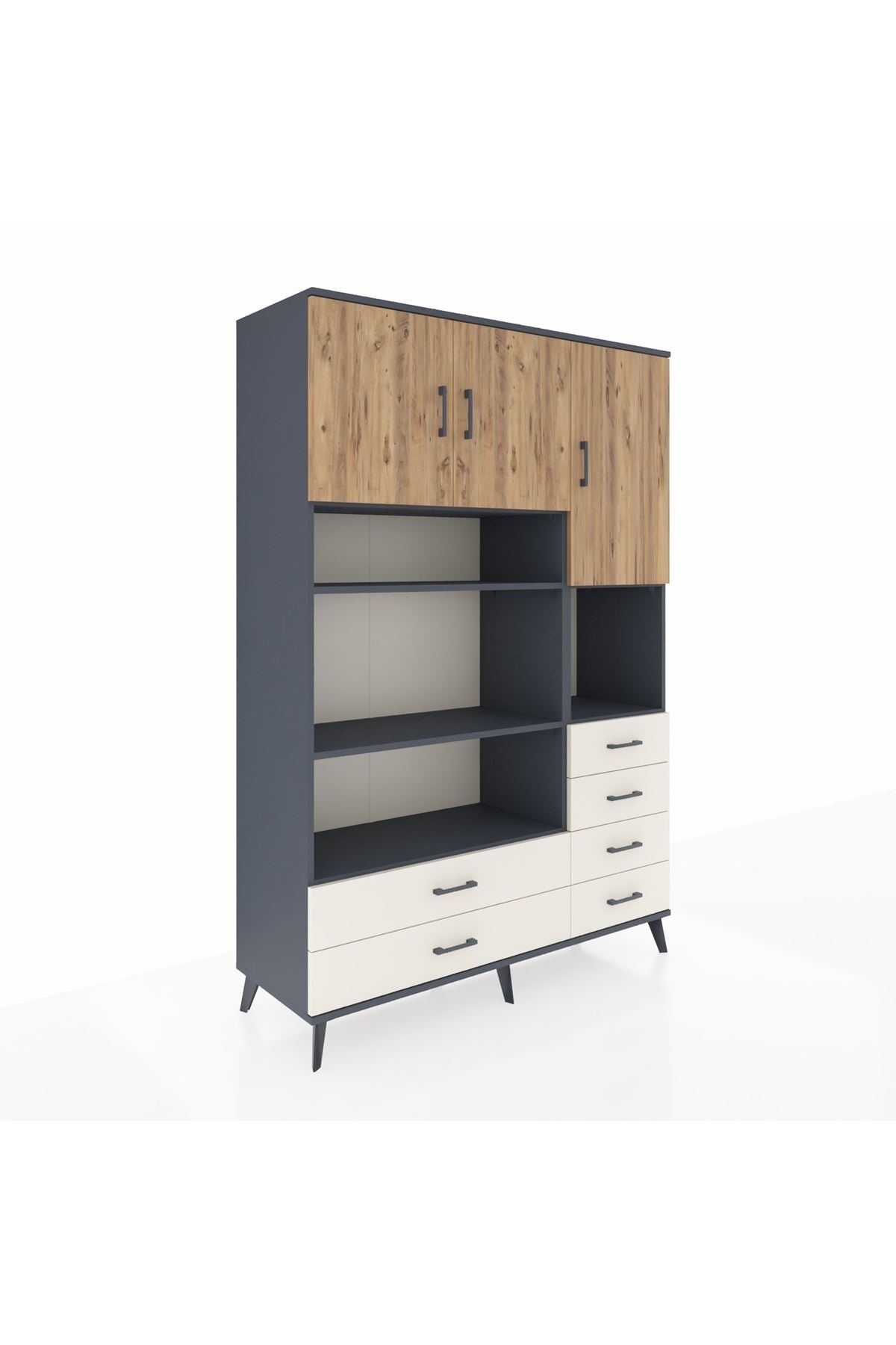 Hyperion Dolap 9 Raflı 6 Çekmeceli 3 Kapaklı 132x44x195 Antrasit-Çam/Aytaşı