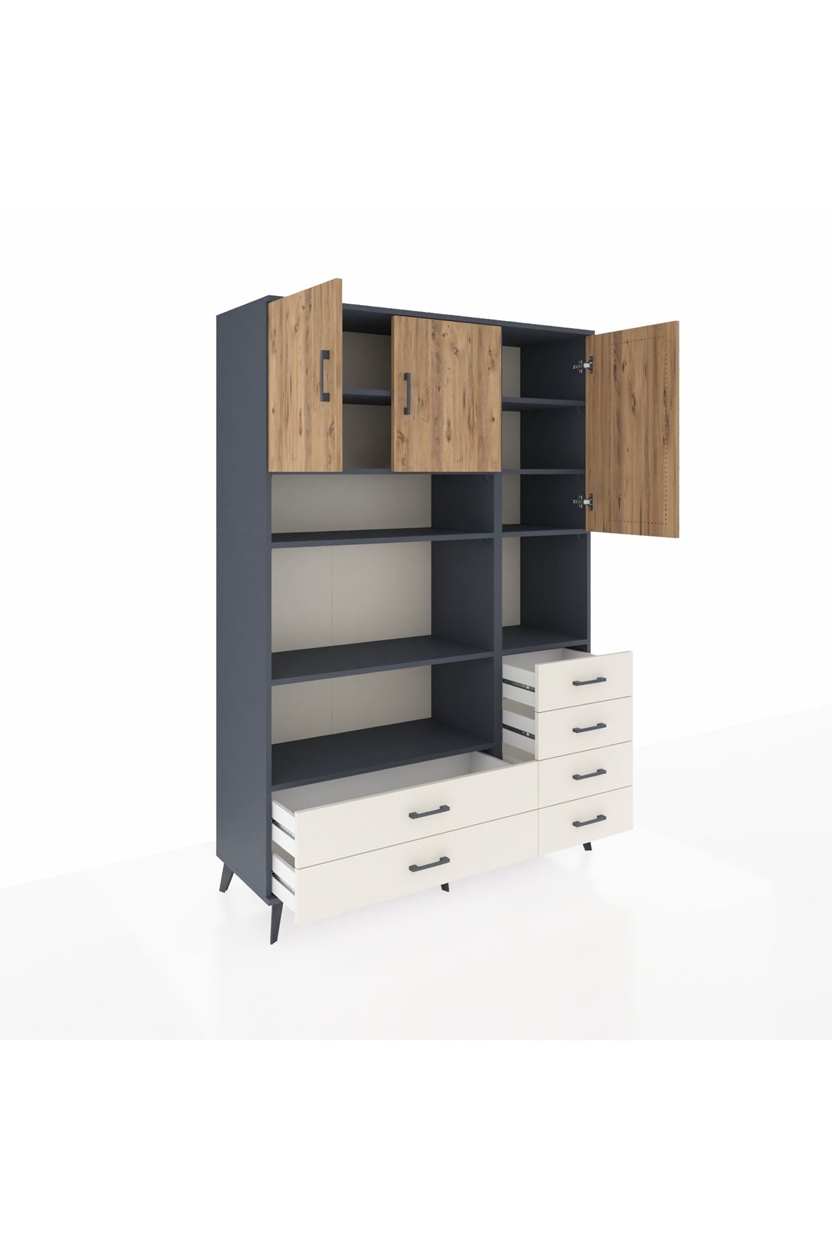 Hyperion Dolap 9 Raflı 6 Çekmeceli 3 Kapaklı 132x44x195 Antrasit-Çam/Aytaşı