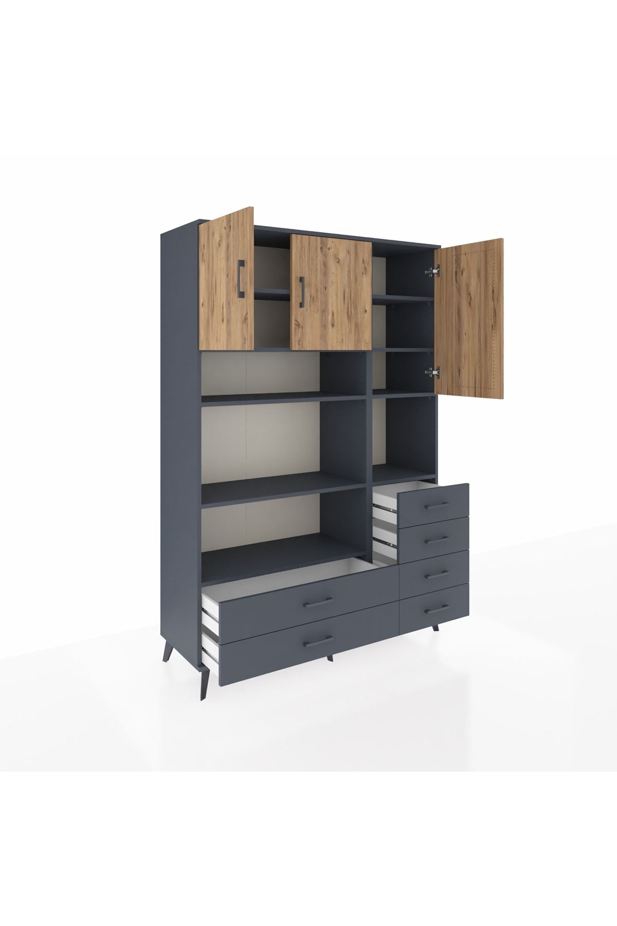 Hyperion Dolap 9 Raflı 6 Çekmeceli 3 Kapaklı 132x44x195 Antrasit-Çam/Antrasit