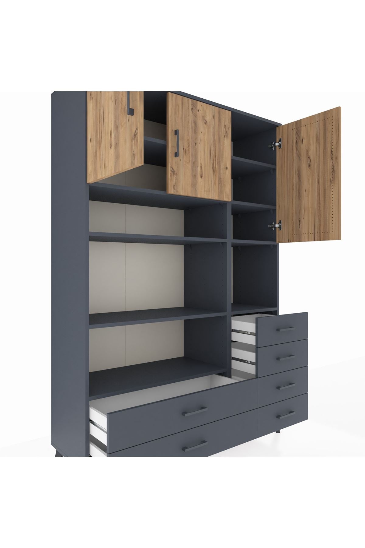 Hyperion Dolap 9 Raflı 6 Çekmeceli 3 Kapaklı 132x44x195 Antrasit-Çam/Antrasit