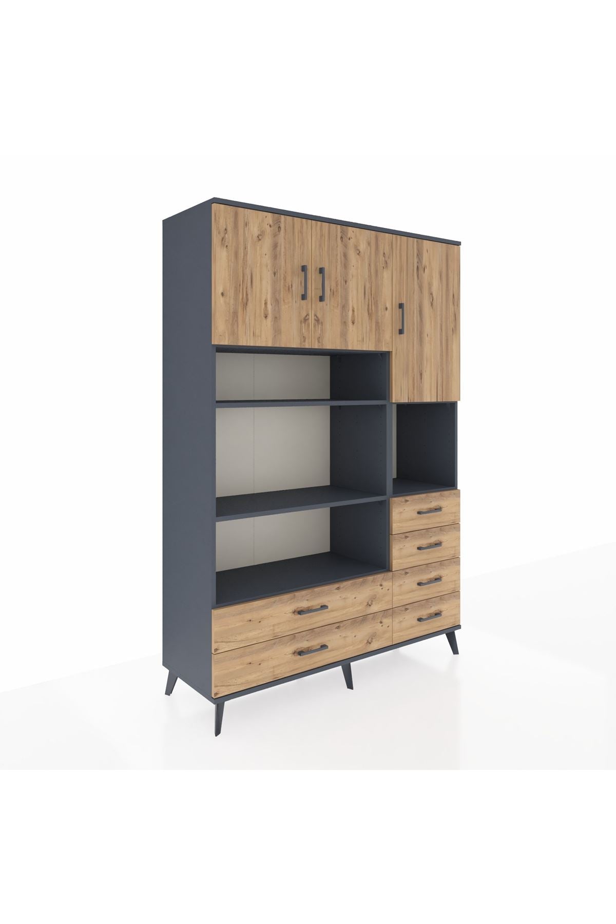 Hyperion Dolap 9 Raflı 6 Çekmeceli 3 Kapaklı 132x44x195 Antrasit-Çam/Çam