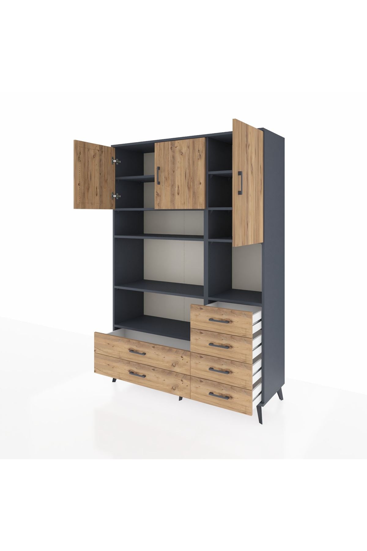 Hyperion Dolap 9 Raflı 6 Çekmeceli 3 Kapaklı 132x44x195 Antrasit-Çam/Çam