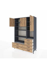 Hyperion Dolap 9 Raflı 6 Çekmeceli 3 Kapaklı 132x44x195 Antrasit-Çam/Çam