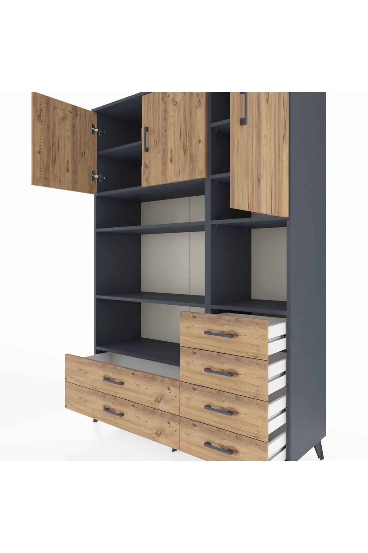 Hyperion Dolap 9 Raflı 6 Çekmeceli 3 Kapaklı 132x44x195 Antrasit-Çam/Çam