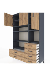 Hyperion Dolap 9 Raflı 6 Çekmeceli 3 Kapaklı 132x44x195 Antrasit-Çam/Çam
