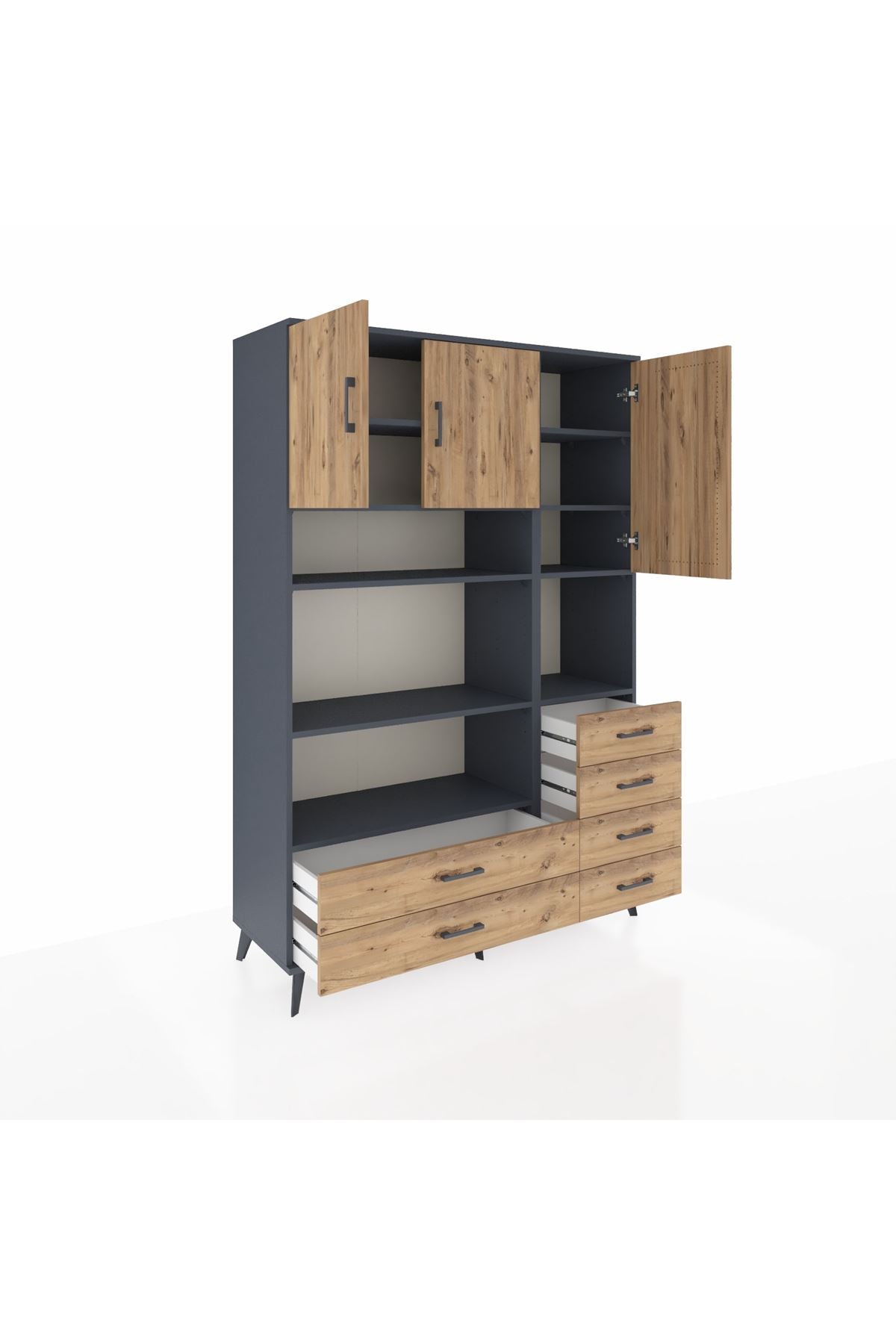 Hyperion Dolap 9 Raflı 6 Çekmeceli 3 Kapaklı 132x44x195 Antrasit-Çam/Çam
