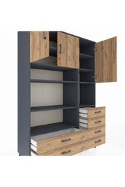 Hyperion Dolap 9 Raflı 6 Çekmeceli 3 Kapaklı 132x44x195 Antrasit-Çam/Çam