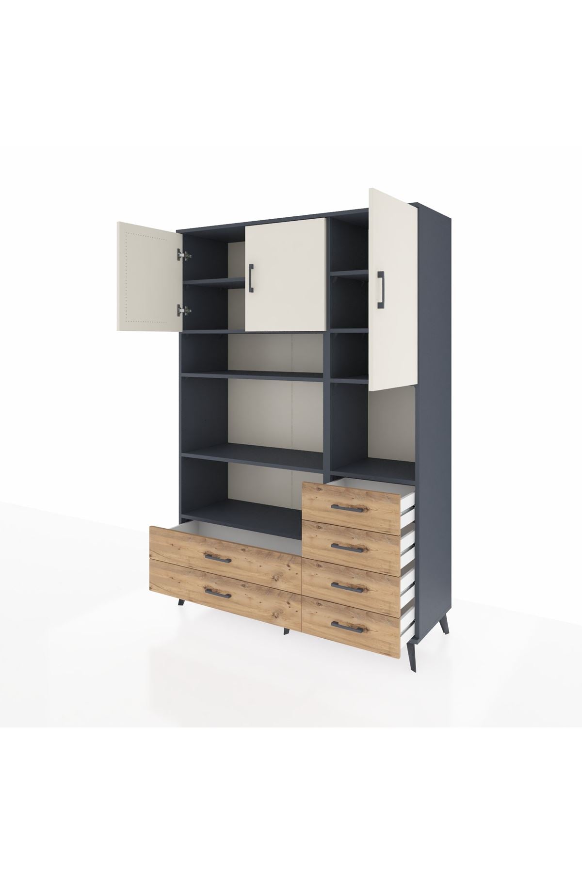 Hyperion Dolap 9 Raflı 6 Çekmeceli 3 Kapaklı 132x44x195 Antrasit-Aytaşı/Çam