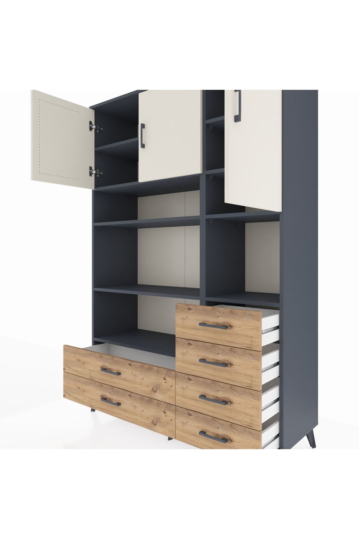 Hyperion Dolap 9 Raflı 6 Çekmeceli 3 Kapaklı 132x44x195 Antrasit-Aytaşı/Çam