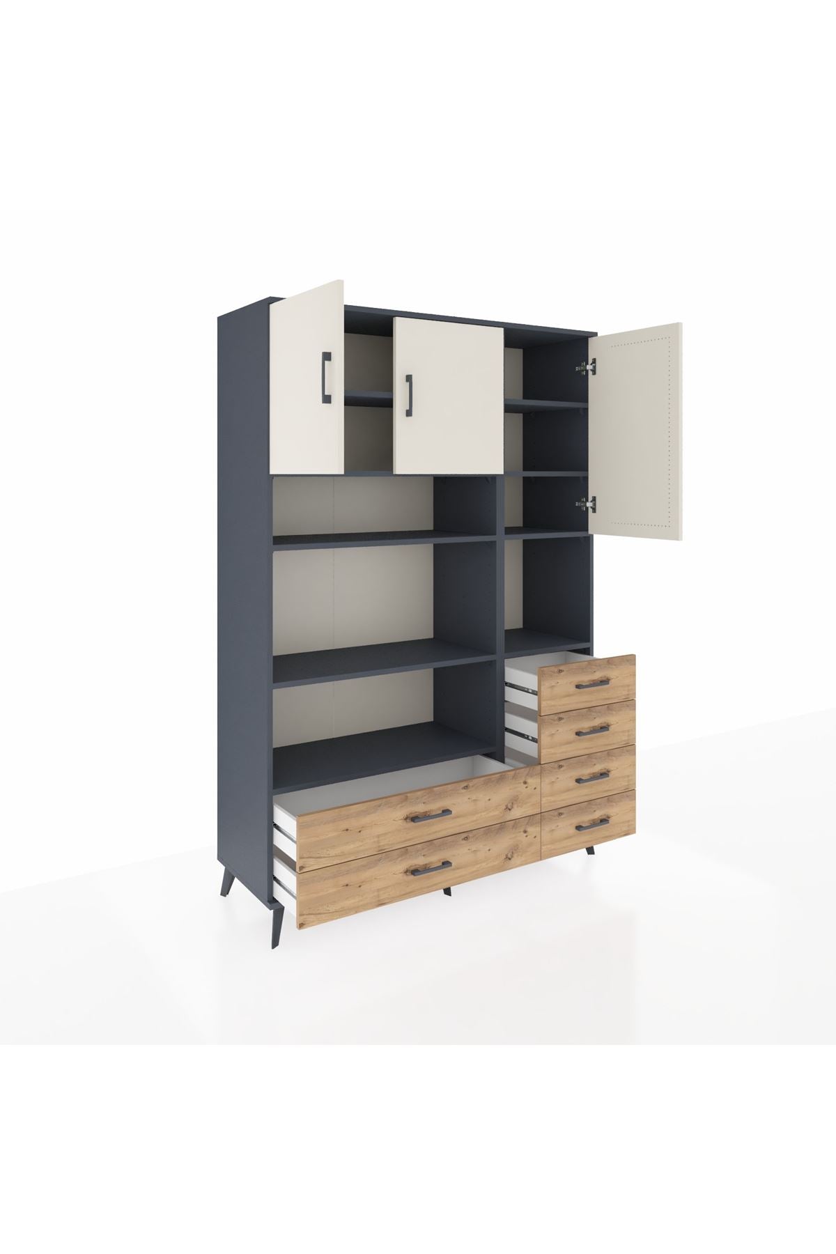 Hyperion Dolap 9 Raflı 6 Çekmeceli 3 Kapaklı 132x44x195 Antrasit-Aytaşı/Çam