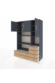 Hyperion Dolap 9 Raflı 6 Çekmeceli 3 Kapaklı 132x44x195 Antrasit-Antrasit/Çam