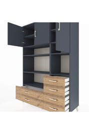 Hyperion Dolap 9 Raflı 6 Çekmeceli 3 Kapaklı 132x44x195 Antrasit-Antrasit/Çam