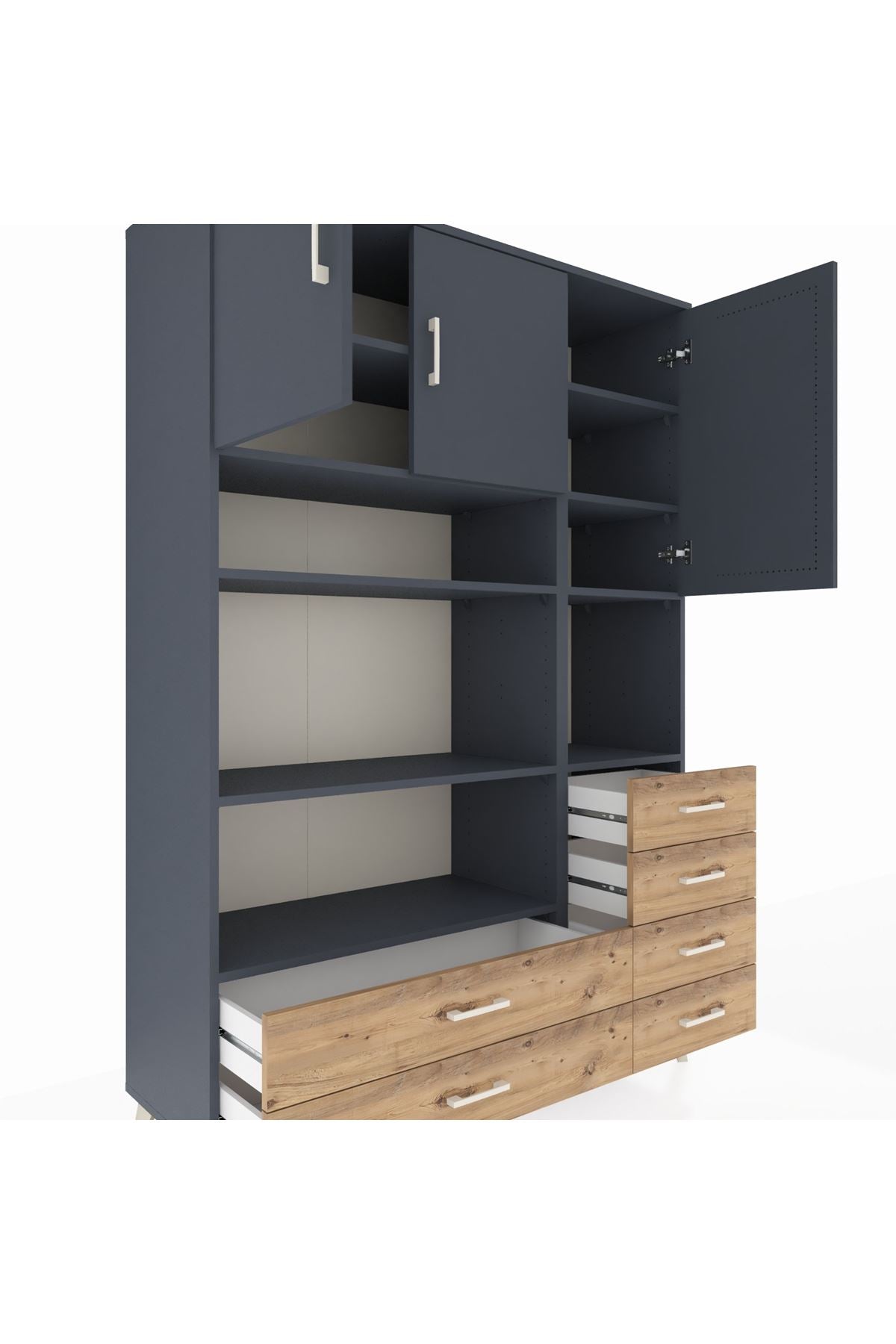 Hyperion Dolap 9 Raflı 6 Çekmeceli 3 Kapaklı 132x44x195 Antrasit-Antrasit/Çam