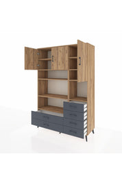 Hyperion Dolap 9 Raflı 6 Çekmeceli 3 Kapaklı 132x44x195 Çam-Çam/Antrasit