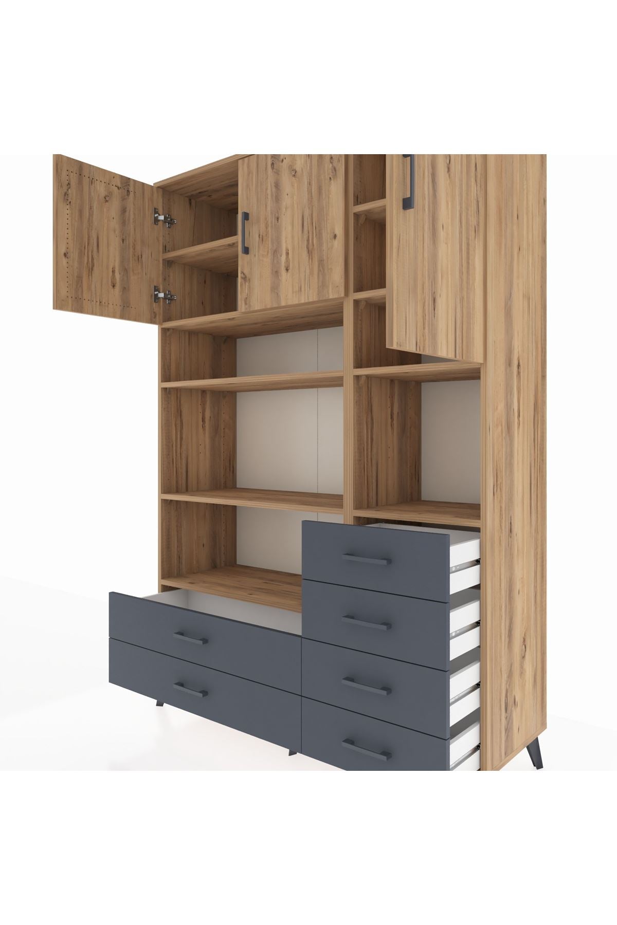 Hyperion Dolap 9 Raflı 6 Çekmeceli 3 Kapaklı 132x44x195 Çam-Çam/Antrasit