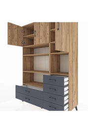 Hyperion Dolap 9 Raflı 6 Çekmeceli 3 Kapaklı 132x44x195 Çam-Çam/Antrasit