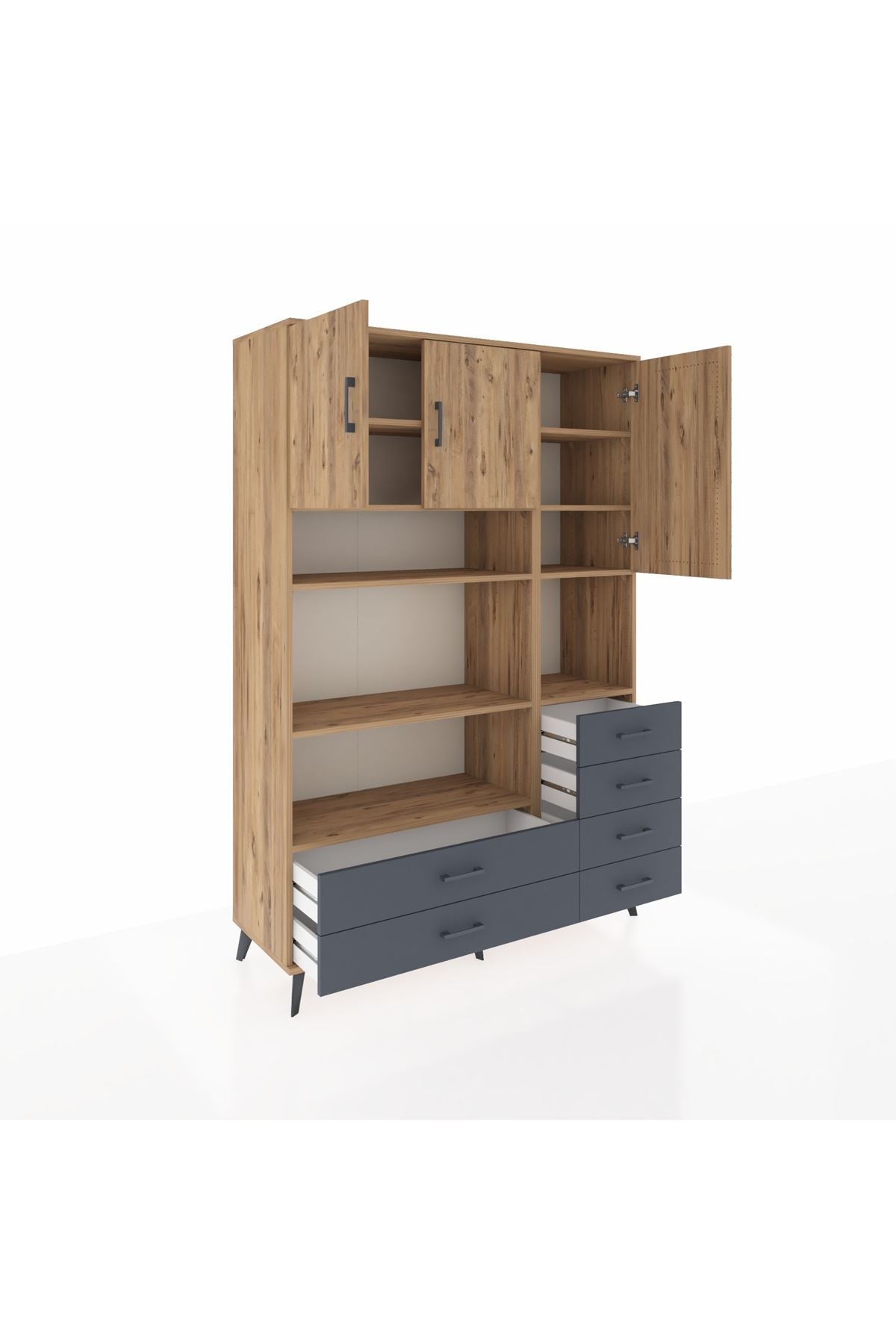 Hyperion Dolap 9 Raflı 6 Çekmeceli 3 Kapaklı 132x44x195 Çam-Çam/Antrasit