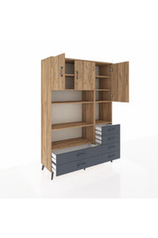Hyperion Dolap 9 Raflı 6 Çekmeceli 3 Kapaklı 132x44x195 Çam-Çam/Antrasit